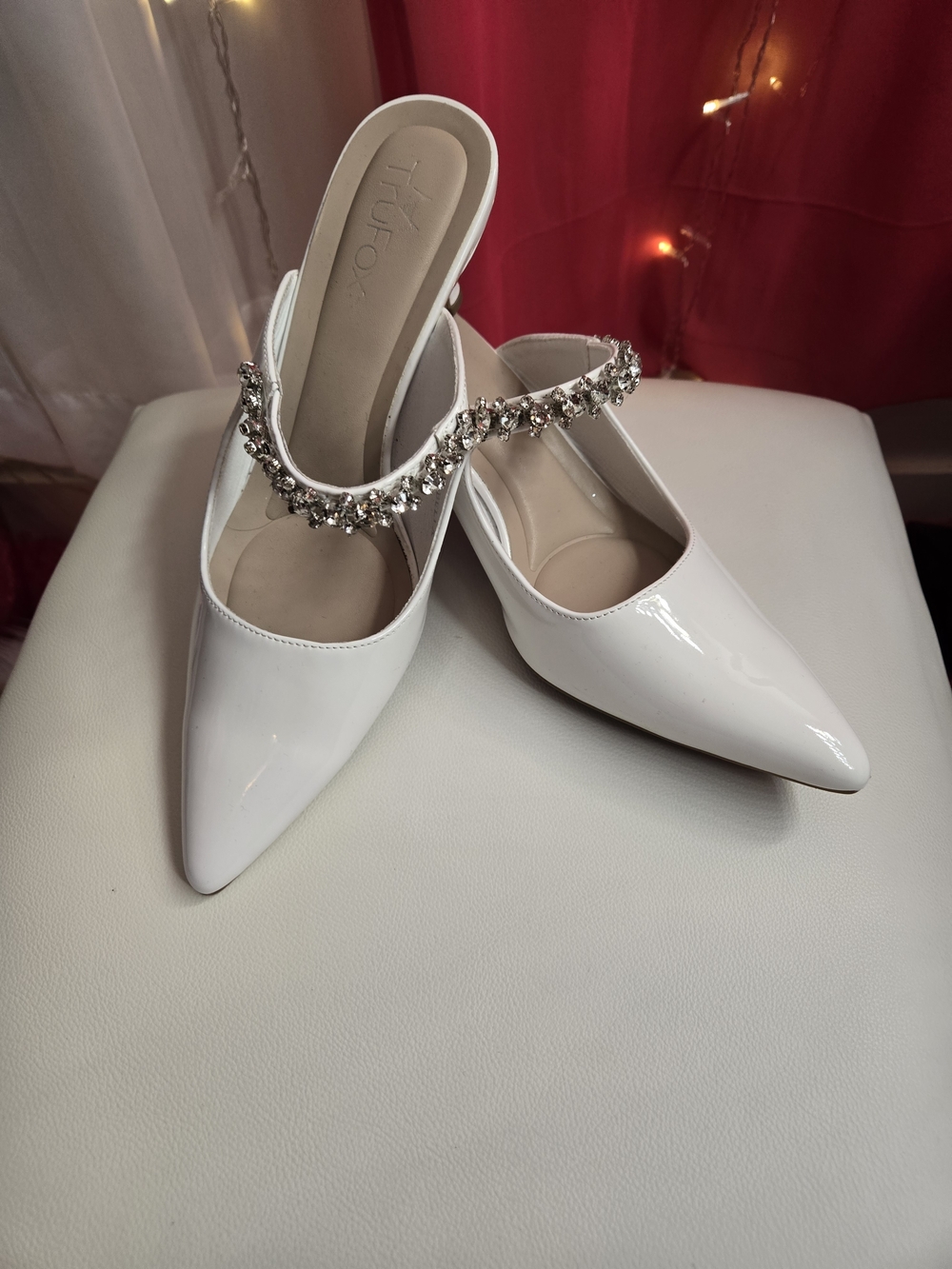 White Embellished Pointed-Toe Mule —